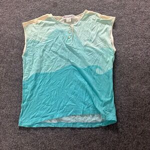 Alain Tank Top Womens Size Medium Teal Blue Wave Pattern Cotton Henley